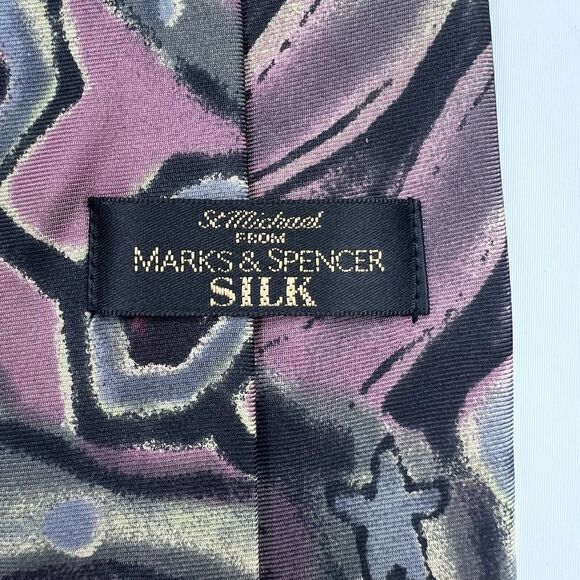 St Michael Marks & Spencer Vtg 90s Silk Multicolor Abstract Paisley Neck Tie - Picture 4 of 5